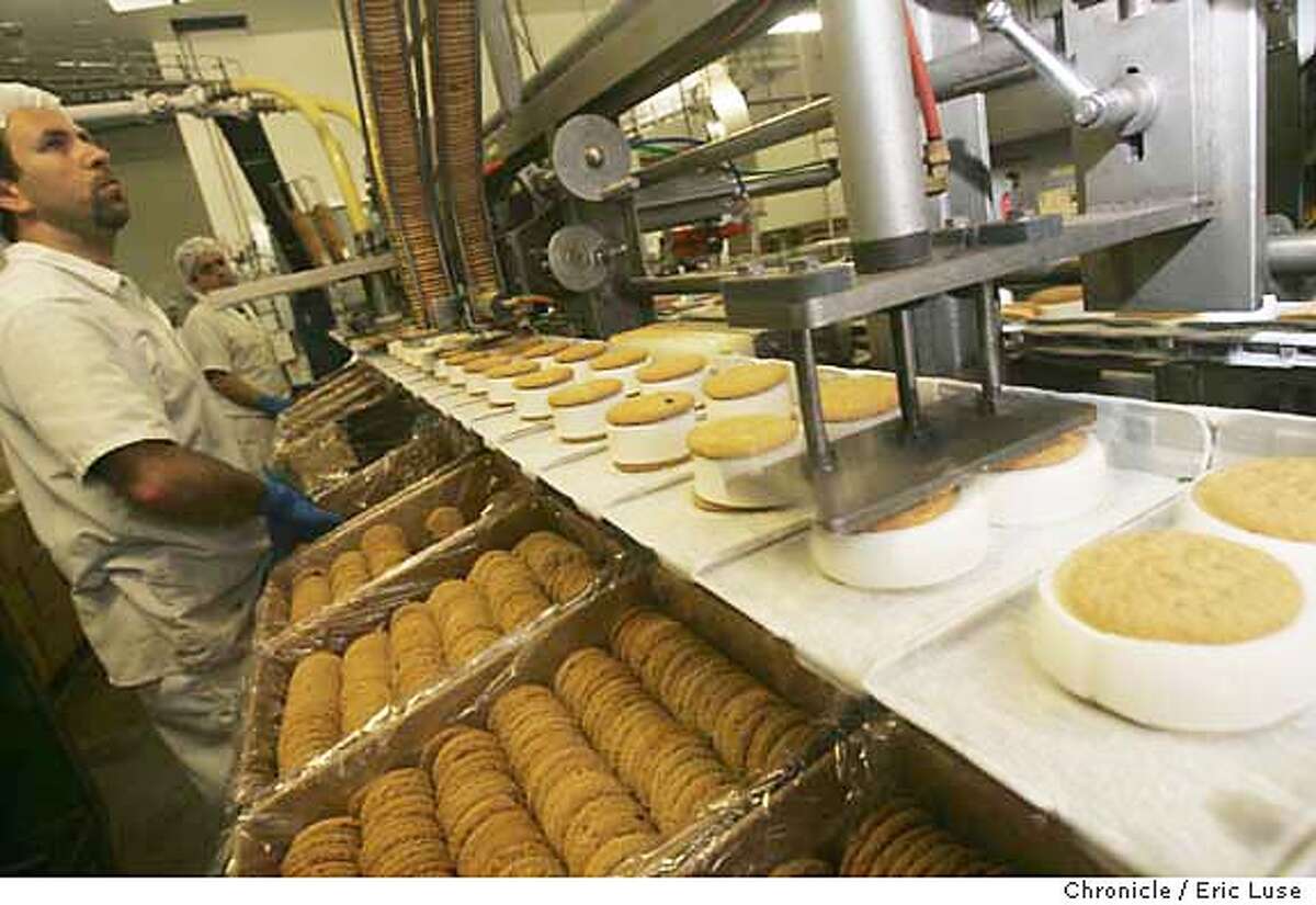 0201_pnitsit10_el.JPG Elias Husary packing cookies while the top cookie is put in place on the sandwich line. It's It is a Peninsula institution and it's ice cream sandwiches are very popular. We haven't looked at 'em for a long time, so now we do.This shoot is the CEO taking the reporter on a tour of the plant while they create the sandwiches, so this should be a fantastic.ting ceremony on Tuesday. Event on 5/17/05 in Burlingame. Eric Luse / The Chronicle MANDATORY CREDIT FOR PHOTOG AND SF CHRONICLE/ -MAGS OUT