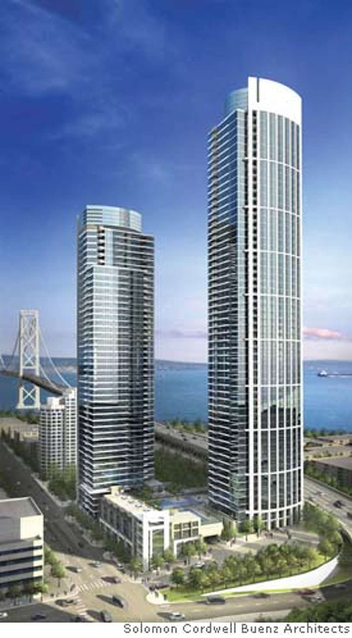 Artist's rendering of the two condominium towers at One Rincon Hill. The taller of the towers, now under construction, will be 641 feet high - 267 feet taller than the nearby tower of the Bay Bridge. The smaller tower will be 541 feet high. Credit: Solomon Cordwell Buenz architects (no commas SBC) Ran on: 06-14-2006 The two towers are shown in artists rendering; the taller will be higher than Bay Bridge tower. Ran on: 06-14-2006 Ran on: 06-14-2006 Ran on: 06-15-2006 Ran on: 06-26-2006 The new city: Artists rendering of two condominium towers on Rincon Hill.