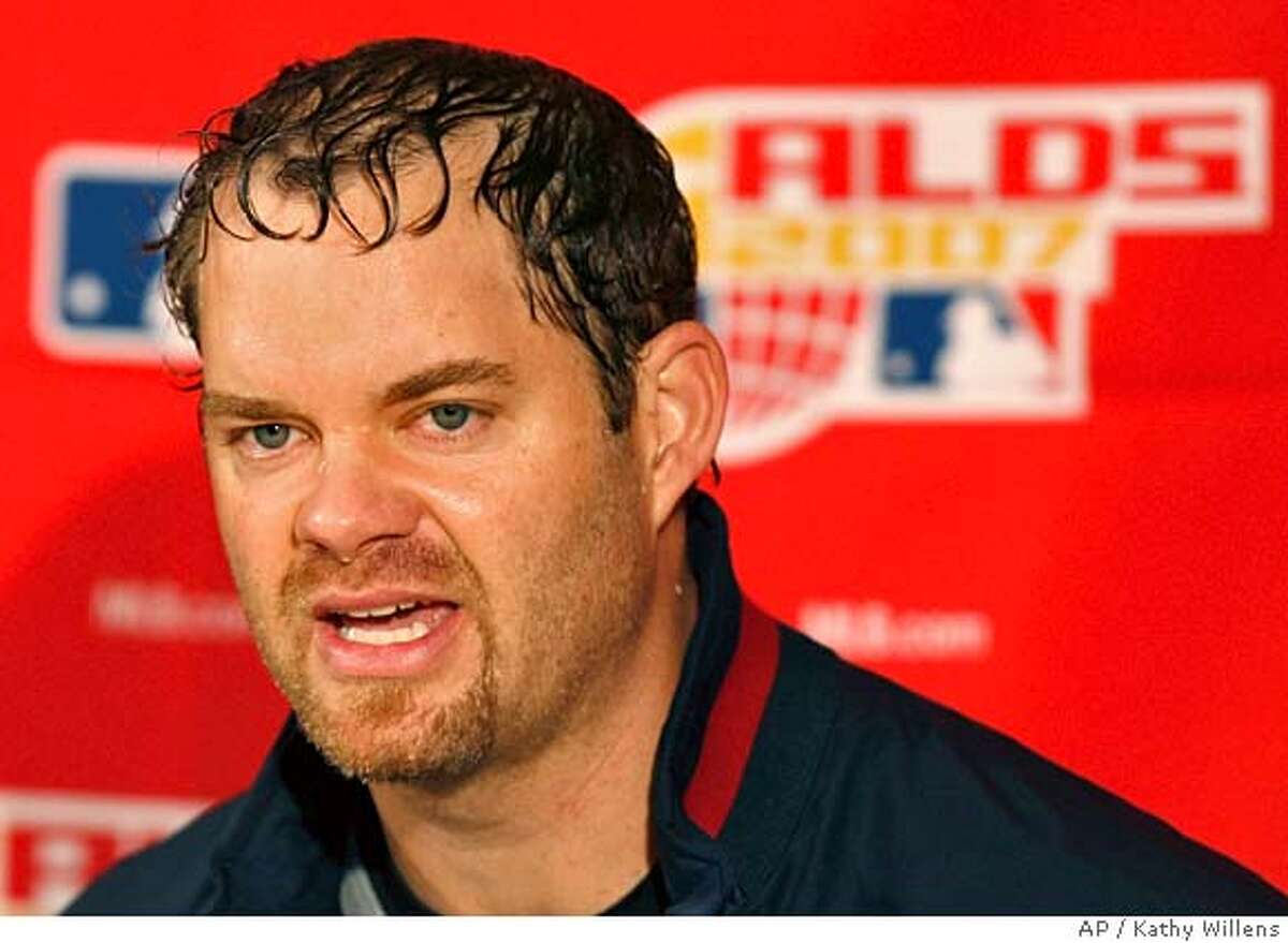 Cleveland Indians' Paul Byrd addresses the media after he pitched to a 6-3 victory over the New York Yankees in Game 4 of their American League Division Series baseball playoffs in New York, Monday, Oct. 8, 2007. The Indians will face the Boston Red Sox in the American League Championship Series. (AP Photo/Kathy Willens)