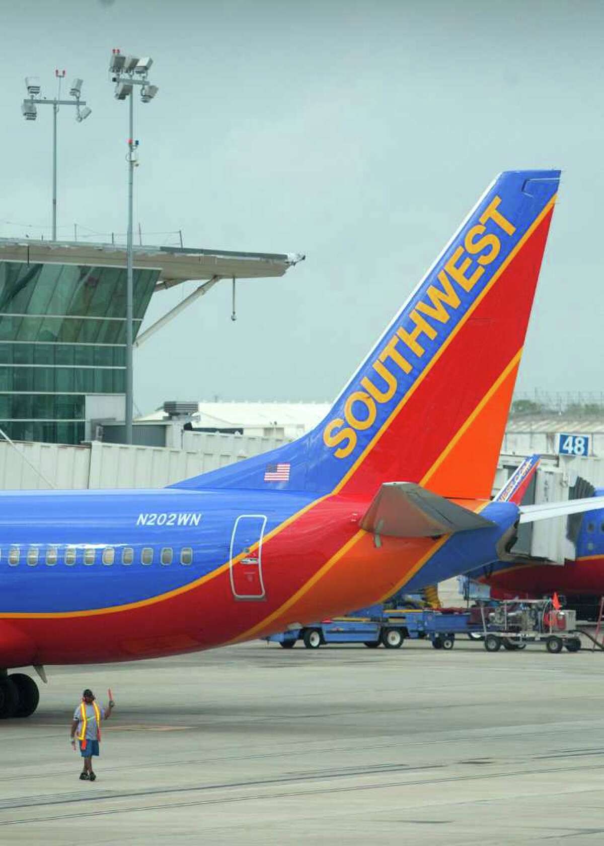 A Southwest Airlines airplane is seen leaving Hobby.