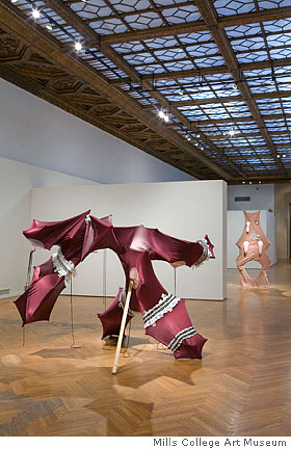 Caption: "Private Dancer" (2007) Fabric, lace, wood, pins by Lara Schnitger 77 x 116 x 96 inches Courtesy of Mills College Art Museum