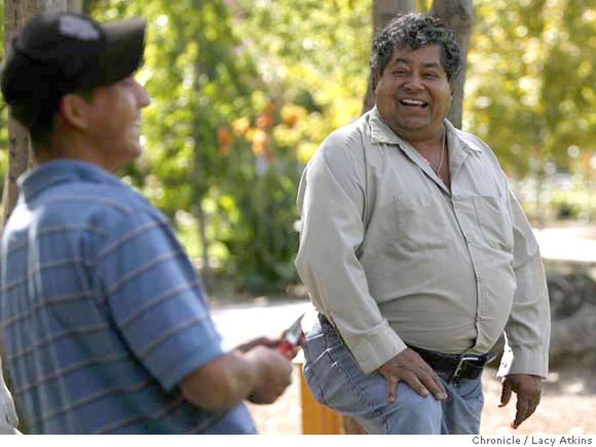 Catalino Tapia ( right) laughs with one of his crew Thursday Oct. 4, 2007 in Atherton, Ca. " I came to this nation with six dollars in my pocket . Now anything over six dollars is a blessing and it's time for me to give back" said Tapia.Lacy Atkins / The Chronicle Photo taken on 10/4/07, in Atherton, CA, USA MANDATORY CREDIT FOR PHOTOG AND SAN FRANCISCO CHRONICLE/NO SALES-MAGS OUT