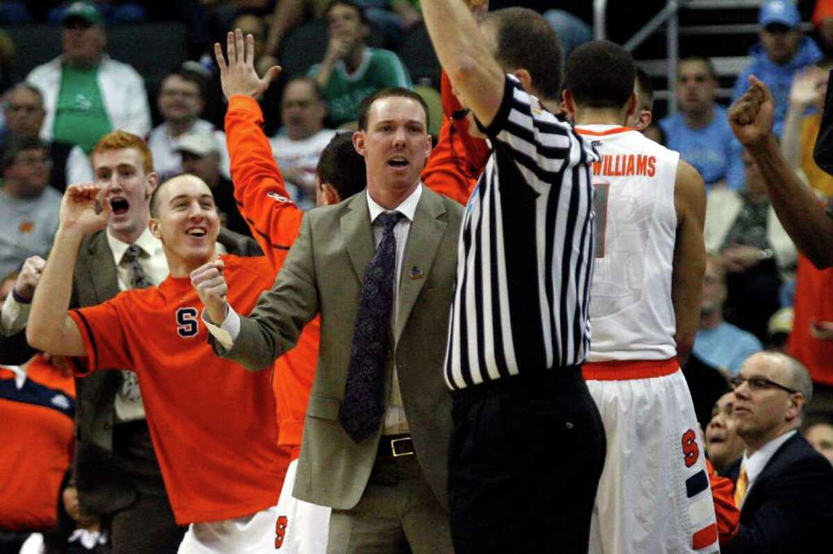 Syracuse assistant coach Gerry McNamara reacts against Kansas State during the third round of the 2012 NCAA Tournament. McNamara admits he'd love to coach Syracuse some day.