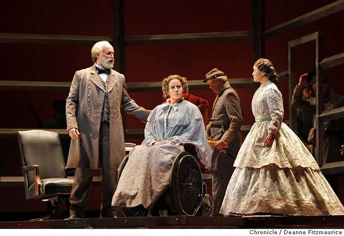appomattox_057_df.jpg At left, Dwayne Croft plays General Robert E. Lee, and (in wheelchair) Elza van den Heever plays his wife, Mary Curtis Lee and Ji Young Yang plays their daughter, Julia Agnes Lee. San Francisco Opera performs Appomattox, Philip Glass's Civil War piece. Photographed in San Francisco on 10/2/07. Deanne Fitzmaurice / The Chronicle