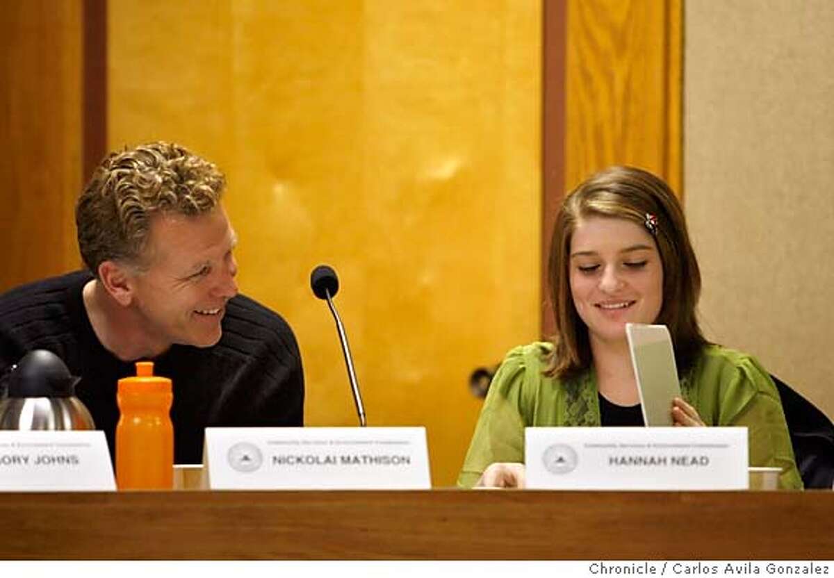 COMMISSIONER_097_CAG.JPG Commissioner, Hannah Nead, smiles as she speaks with Commissioner, Nickolai Mathison during a meeting on Wednesday, February 8, 2006, in Sonoma, Ca. Story on the fact that city of Sonoma has a spot for a teenager on one of its city commissions, namely Hannah Nead. She sits on the Community Services and Environment Commission. The teenager has full voting power. It's to spark interest in a new generation of leaders. This has been going on for at least 20 years. We catch up with the current teenage designee, a 15-year-old sophomore from Sonoma. Photo by Carlos Avila Gonzalez / The San Francisco Chronicle Photo taken on 2/8/06 in Sonoma, CA. MANDATORY CREDIT FOR PHOTOG AND SAN FRANCISCO CHRONICLE/ -MAGS OUT
