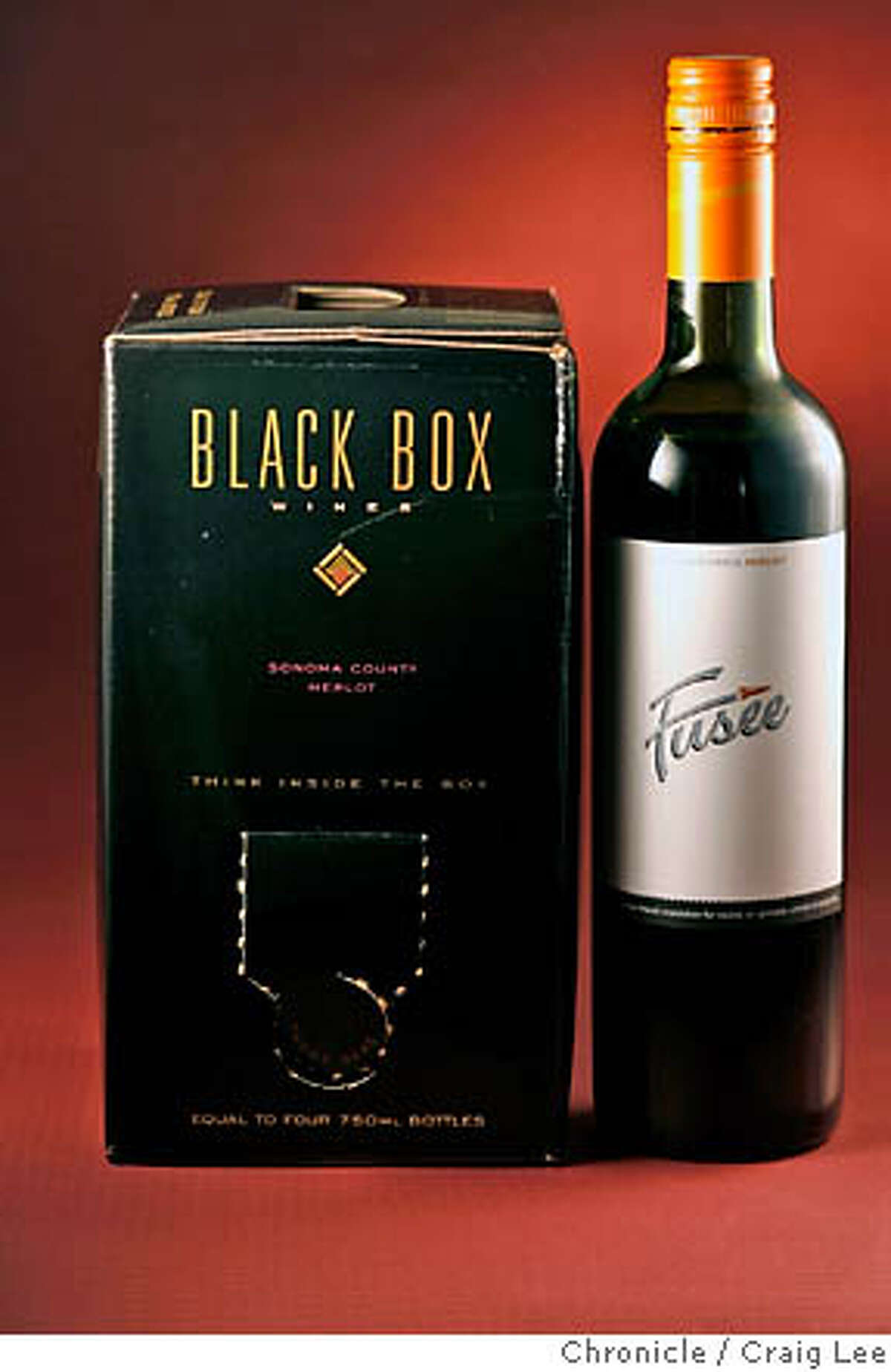 BARGAIN13_052_cl.JPG For Bargain Wines column. Photo of NV Black Box Wines Sonoma County Merlot (left) and 2004 Fusee California Merlot (right). Craig Lee / The Chronicle MANDATORY CREDIT FOR PHOTOG AND SF CHRONICLE/ -MAGS OUT