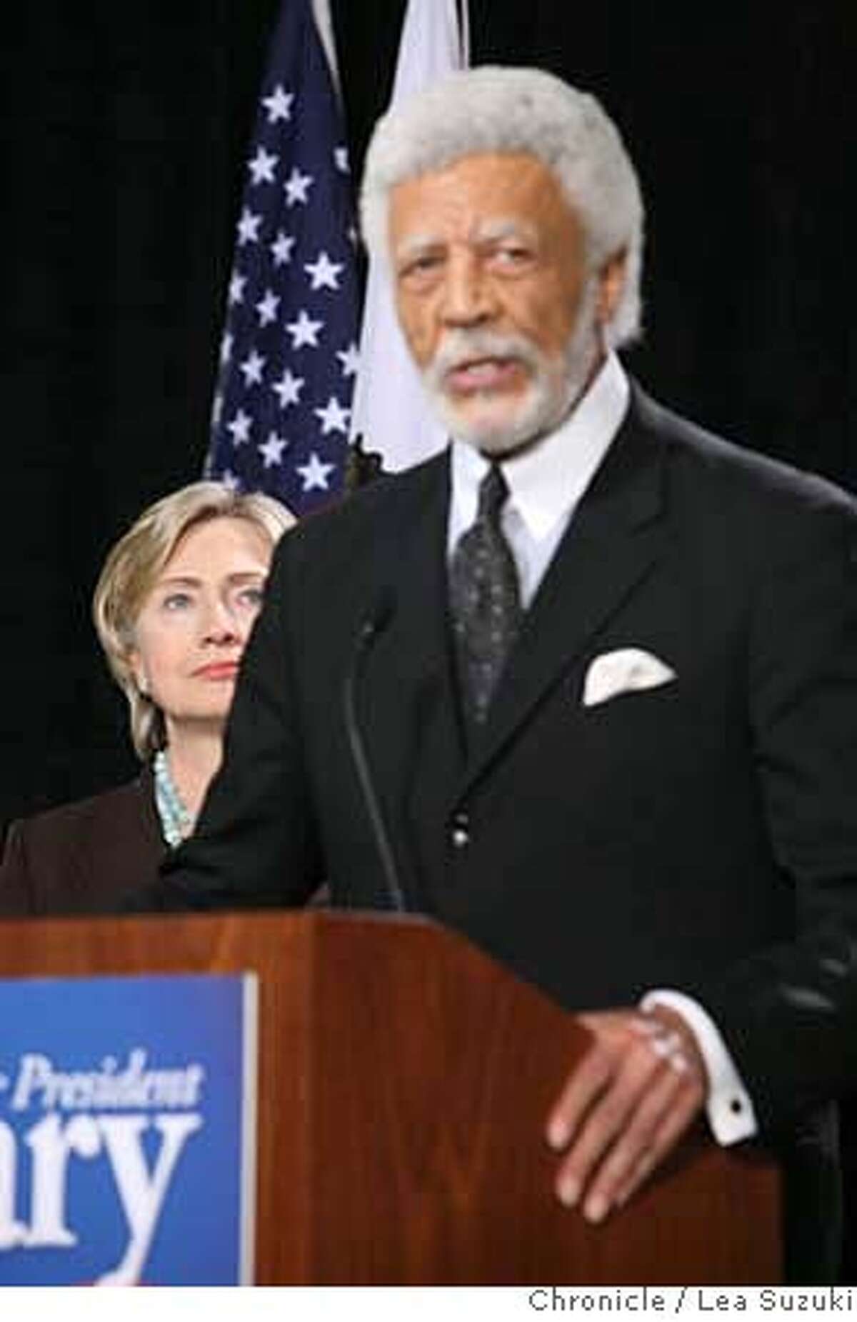 Mayor Ron Dellums(foreground) endorses Hillary Clinton (behind left) during an appearance at Laney College. Hillary Clinton tours a culinary class and is endorsed by Mayor Ron Dellums at Laney College during an appearance at the Student Center. Lea Suzuki / The Chronicle Photo taken on 10/1/07, in Oakland, CA, USA
