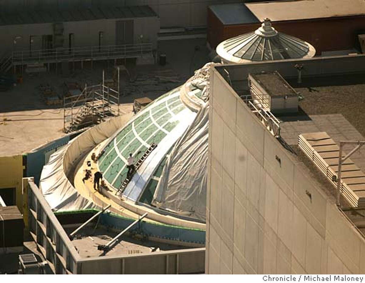 BLOOMIES_170_MJM.jpg Workers caulk the steel frames surrounding the glass panels of the restored dome. The 102 foot wide, 3 story dome which was rebuilt after the 1906 earthquake will be the centerpiece of a 200 foot long, 45 foot wide atrium and promenade. Update of the Westfield San Francisco Centre project, a $440 million redevelopment project on the site of the old Nordstrom's store between Market and Mission and Fourth and Fifth Streets. Opening is scheduled for fall of 2006. Photo by Michael Maloney / San Francisco Chronicle on 2/14/06 in San Francisco,CA