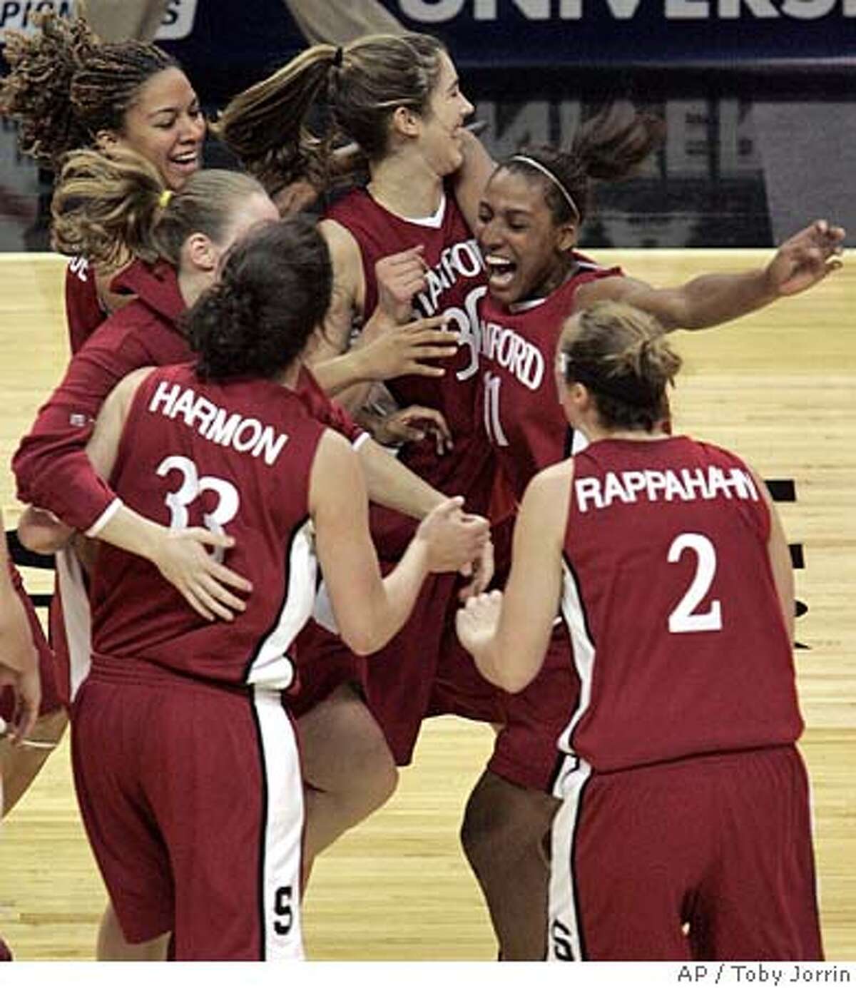 Stanford center Brooke Smith (30) and guard Candice Wiggins celebrate with ...