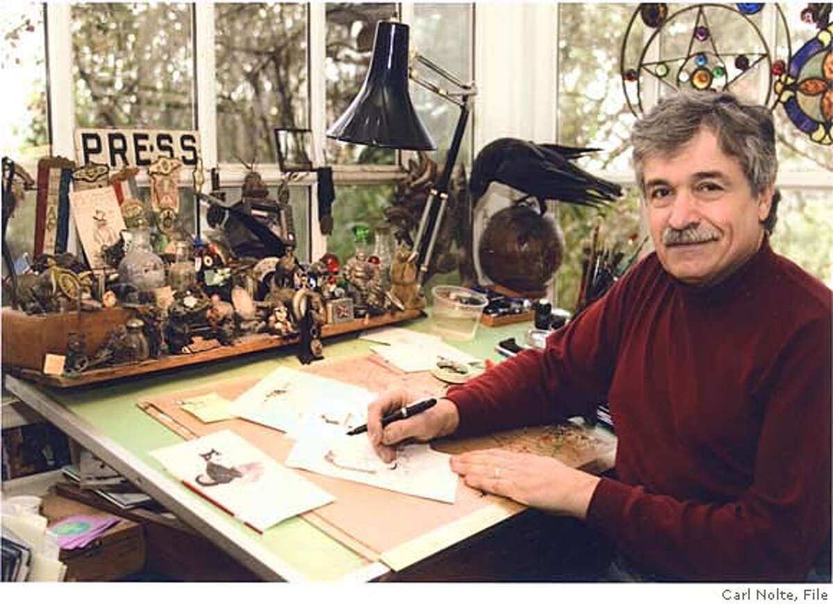 Phil Frank, creator of the "Farley" comic strip which appeared in the San Francisco Chronicle, at his home studio in Sausalito with Bruce the raven.