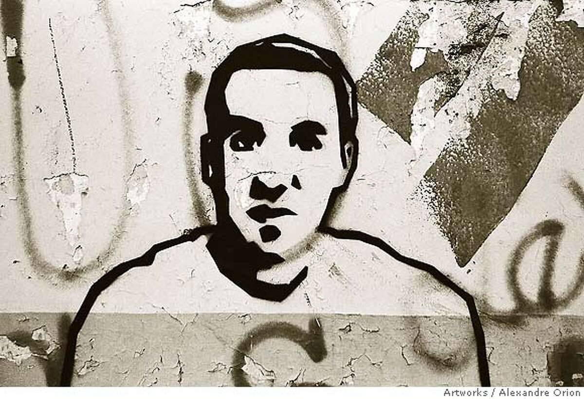 Profile shot: The artist Alexandre Orion stands in front of some of his graffiti on a street in Sao Paulo, Brazil, displaying what ends up becoming the actual piece of art: a photograph of the painting. Here, the photograph is displayed on a phone card, created to promote his show at the Pinacoteca, a museum in Sao Paulo. Three examples: Examples of work in Orion's show Metabiotics, on display at 111 Minna through March. To create these pieces, Orion paints the black and white figures using spray paint and a stencil, then pulls back from the scene to photograph the paintings. He waits until the exact moment that public interaction with the paintings gives them greater meaning. For the show, he blew up most of the photographic images to 4-feet by 6-feet.