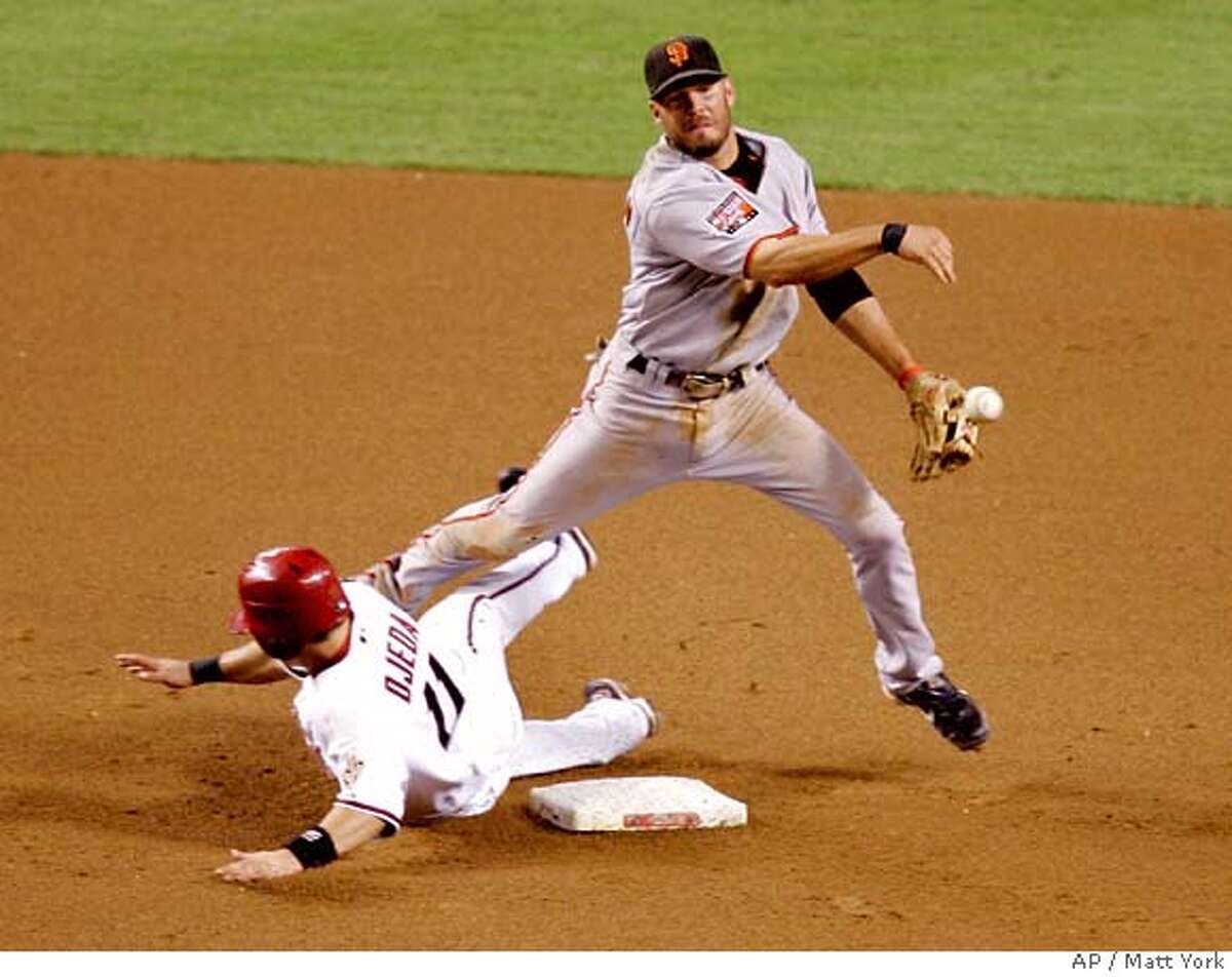 San Francisco Giants second baseman Kevin Frandsen, right, forces out Arizona Diamondbacks' Augie Ojeda at second while trying to turn a double play during the seventh inning of a baseball game Wednesday, Sept. 19, 2007, in Phoenix. (AP Photo/Matt York)