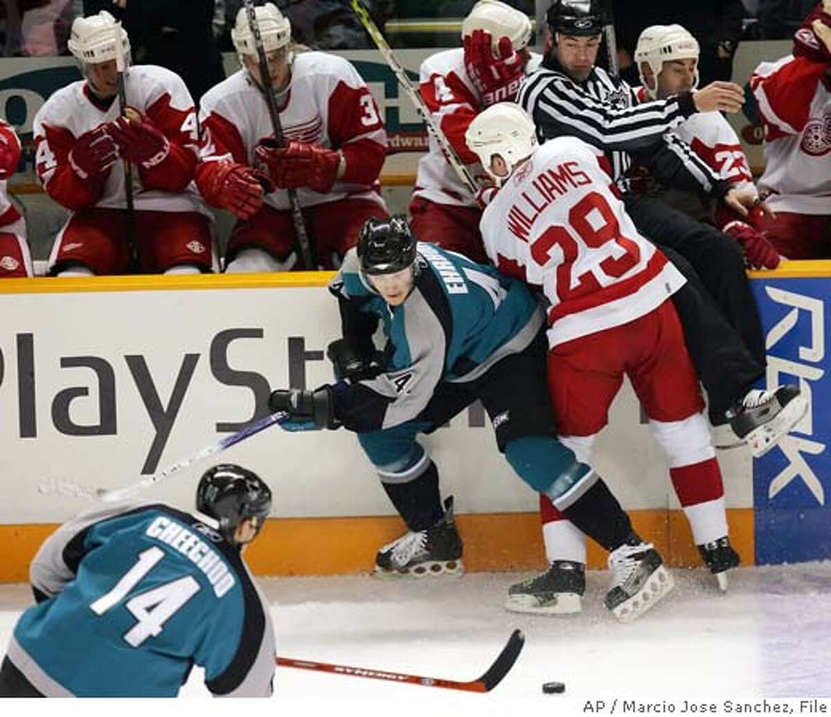 Detroit Red Wings' Jason Williams (29) collides with the San Jose Sharks' Christian Ehrhoff, middle, of Germany, in the first period of an NHL hockey game in San Jose, Calif. on Tuesday, Feb. 28, 2006. (AP Photo/Marcio Jose Sanchez) EFE OUT EFE OUT
