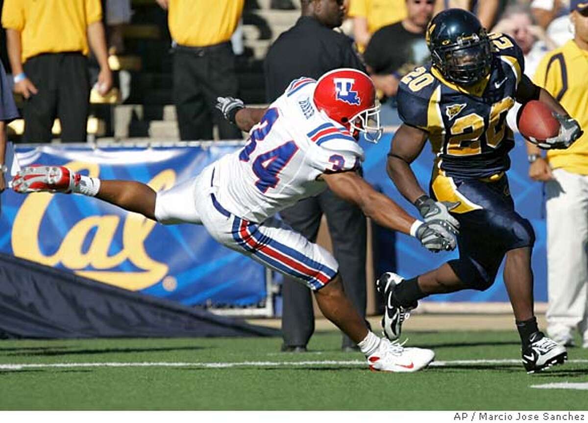 California running back Justin Forsett, top, is lifted in the air by  teammate Noris Malele after scoring on a 39-yard run against Louisiana Tech  in the first half of a college football