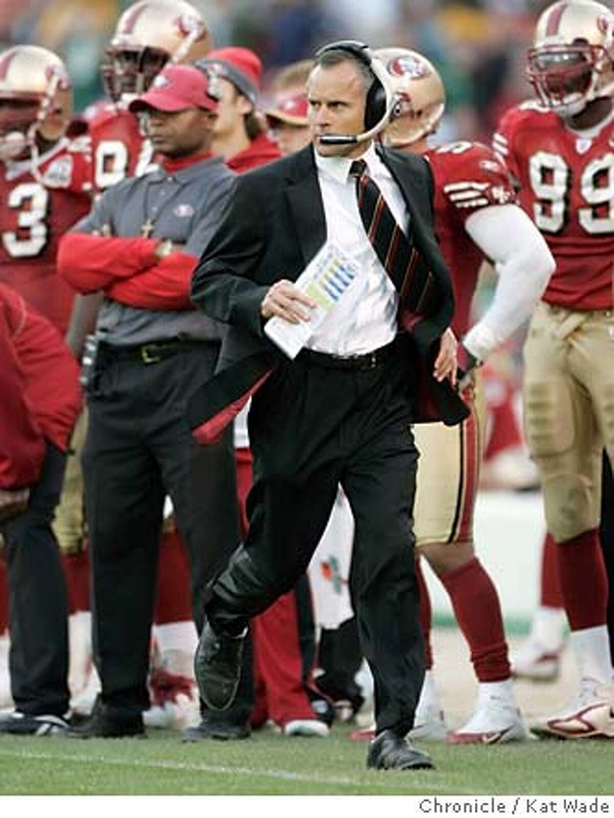 49ers10_0090_KW_.jpg The San Francisco 49er's head coach Mike Nolan runs down the field in the 4th quarter of the game against the Green Bay Packers at Monster Park in San Francisco on Sunday December 10, 2006. Kat Wade/The Chronicle Mandatory Credit for San Francisco Chronicle and photographer, Kat Wade, No Sales Mags out
