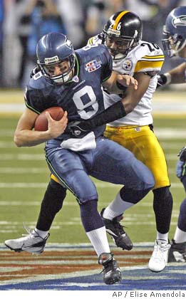 Seattle Seahawks tight end Jerramy Stevens catches a touchdown in the  second half of Super Bowl XL featuring the Seattle Seahawks and the  Pittsburgh Steelers at Ford Field in Detroit, Mi., on