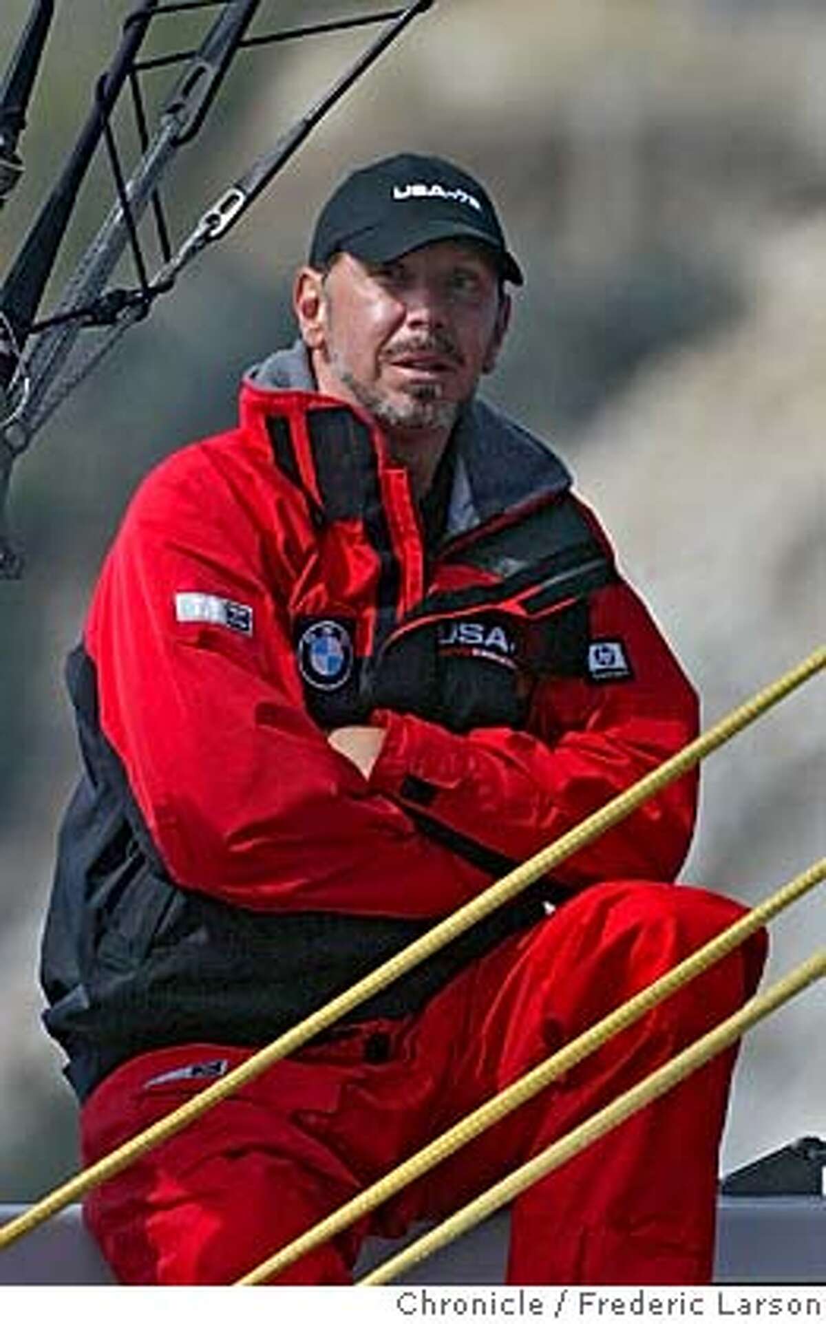 Amercia's Cup class racing returned to the U.S and the Bay Area as the cup winning Swiss team ALINGHI took on Bay Area's , ORACLE BMW racing team. Larry Ellison is at the helm (in photo) of the Oracle racing team , against his friend and rival, Ernesto Bertarelli, skipper of the Alinghi. Oracle won the first race of a pair racing today. 09/11/03 FREDERIC LARSON / The Chronicle
