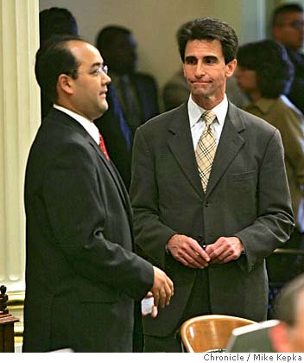 samesex128_mk.jpg Assemblyman Mark Leno (right) passes Alberto Torrico on the floor. Torrico is a major oppponent of the AB19. Assemblyman Mark Leno is making a last attempt to get AB19, otherwise know as the Religeous Freedom and Civil Marriage Protectin Act, passed Wednessday. 6/1/05 Mike Kepka / The Chronicle MANDATORY CREDIT FOR PHOTOG AND SF CHRONICLE/ -MAGS OUT