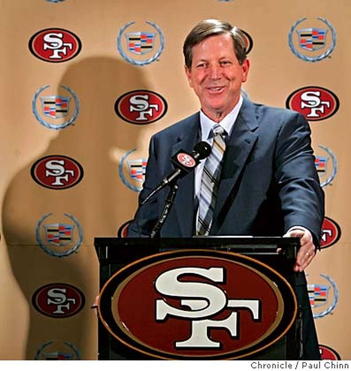 Norv Turner smiles at a news conference after the San Francisco 49ers hired him as offensive coordinator at the team's headquarters in Santa Clara, Calif. on 1/17/06. Turner was recently fired as head coach of the Oakland Raiders. PAUL CHINN/The Chronicle