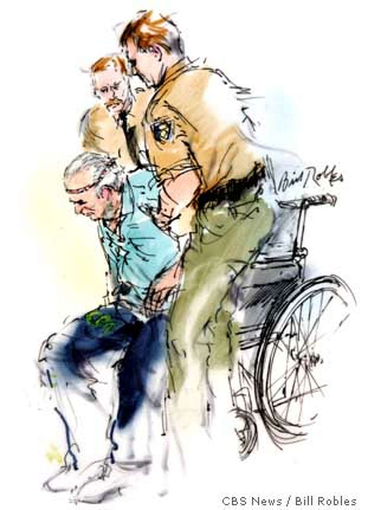 Artist drawing of Clarence Ray Allen being lifted by two San Quentin Prison guards before he was executed in San Quentin, Calif., Tuesday, Jan. 17, 2006. Allen, 76, ordered the slaying of three people at a Fresno, Calif., market while behind bars in 1980 for another murder. (AP Photo/Mandatory credit: Bill Robles for CBS News)