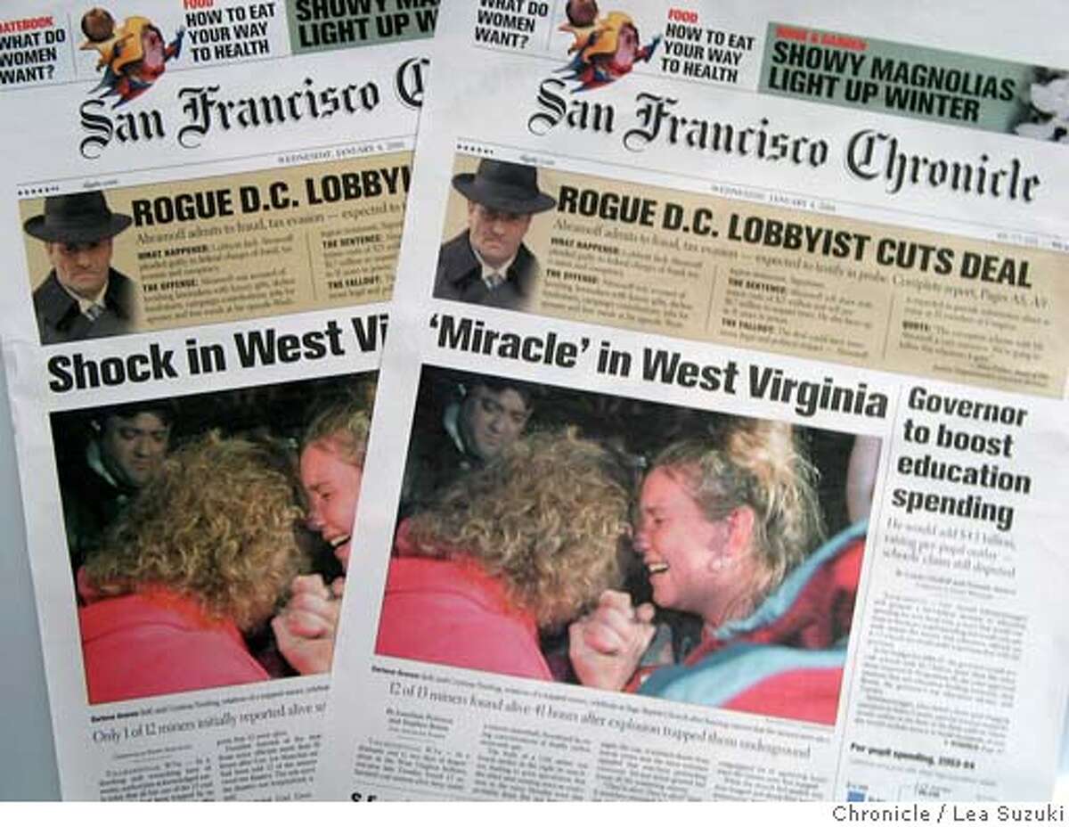 mine_media_012_ls.JPG Early (right) and late edition front pages of Wednesday's Chronicle. Photo taken on 1/4/06 in San Francisco, CA. Photo by Lea Suzuki/ The San Francisco Chronicle MANDATORY CREDIT FOR PHOTOG AND SF CHRONICLE/ -MAGS OUT.