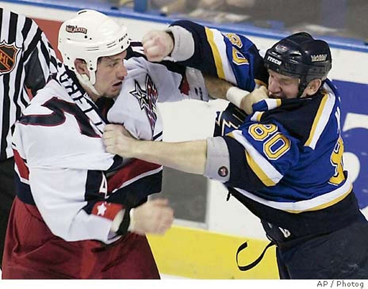 Columbus Blue Jackets Jody Shelley lands a punch during a fight with St. Louis Blues Steve McLaren in the first period Tuesday, Dec. 16, 2003 in St. Louis.(AP Photo/Tom Gannam)