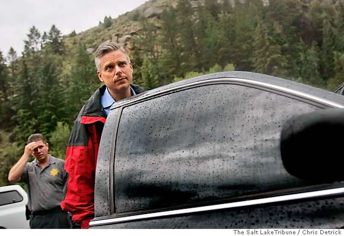 Utah Gov. Jon Huntsman leaves after a news conference at the entrance to the Crandall Canyon Mine in Huntington, Utah, Friday, Aug. 17, 2007. The desperate underground drive to reach six trapped miners was suspended indefinitely after a cave-in killed three rescuers inside the mountainside mine, said Richard Stickler, head of the federal Mine Safety and Health Administration. (AP Photo/The Salt LakeTribune, Chris Detrick) ** MAGS OUT, NO SALES, DESERET NEWS OUT ** MAGS OUT, NO SALES, DESERET NEWS OUT
