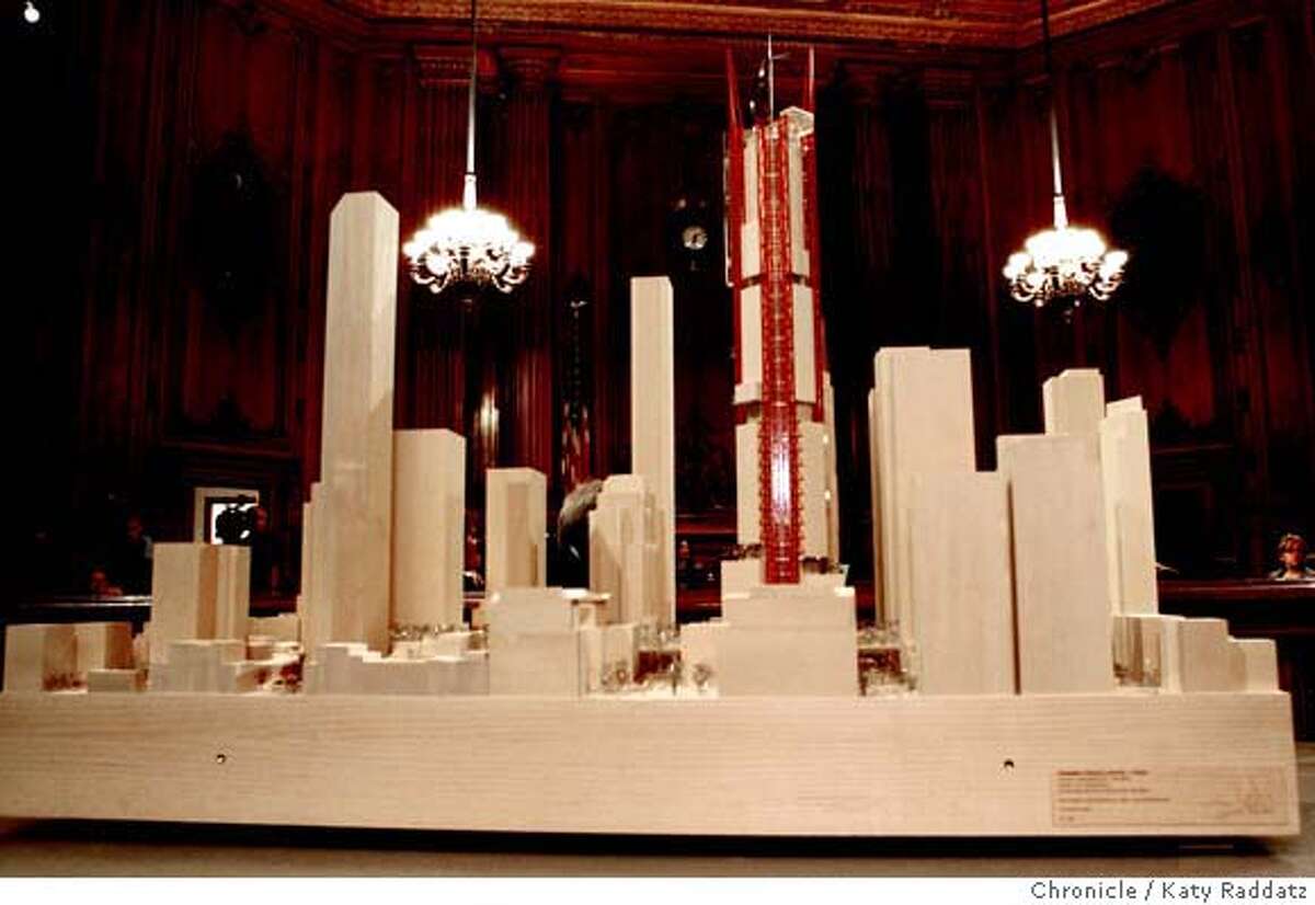 TRANSBAY07_096_RAD.jpg SHOWN: The architectural model presented by Rogers, Stirk, Harbour and Partners. The three finalist tower proposals in the Transbay Terminal competition are unveiled in the North Light Court of City Hall in San Francisco, CA. (Katy Raddatz/The Chronicle) **Rogers, Stirk, Harbour and Partners Mandatory credit for the photographer and the San Francisco Chronicle. No sales; mags out.