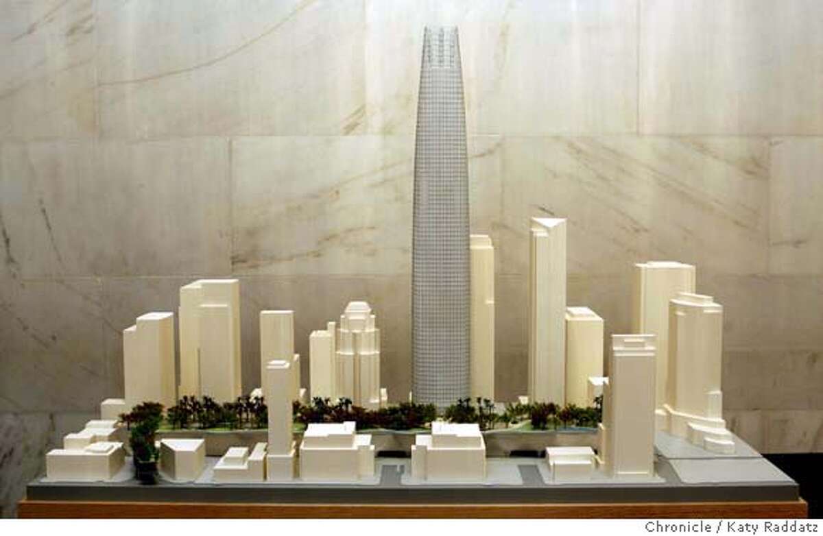 TRANSBAY07_107_RAD.jpg SHOWN: The architectural model presented by Pelli, Clarke, Pelli Architects. The three finalist tower proposals in the Transbay Terminal competition are unveiled in the North Light Court of City Hall in San Francisco, CA. (Katy Raddatz/The Chronicle) ** Pelli, Clarke, Pelli Architects Mandatory credit for the photographer and the San Francisco Chronicle. No sales; mags out.