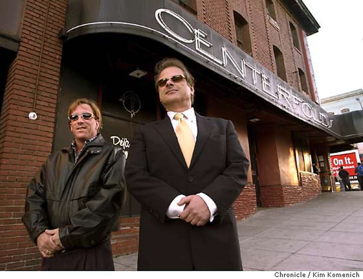 BSC Management Director of Operations Andy Dunitz, left and BSC Management President Joe Carouba, right, in front of Centerfolds club on Broadway. Sometimes it's hard to be a philanthropist. The dancers and other employees at a dozen North Beach strip clubs run by BSC Management have had trouble in the past finding a place to hold their charity golf tournament. Last week, dancers at the clubs began a holiday tradition of performing one dance per shift for charity. In the past, some of this money has been accepted by charities who hesitate to publicly acknowledge their benefactors. KIM KOMENICH/The Chronicle