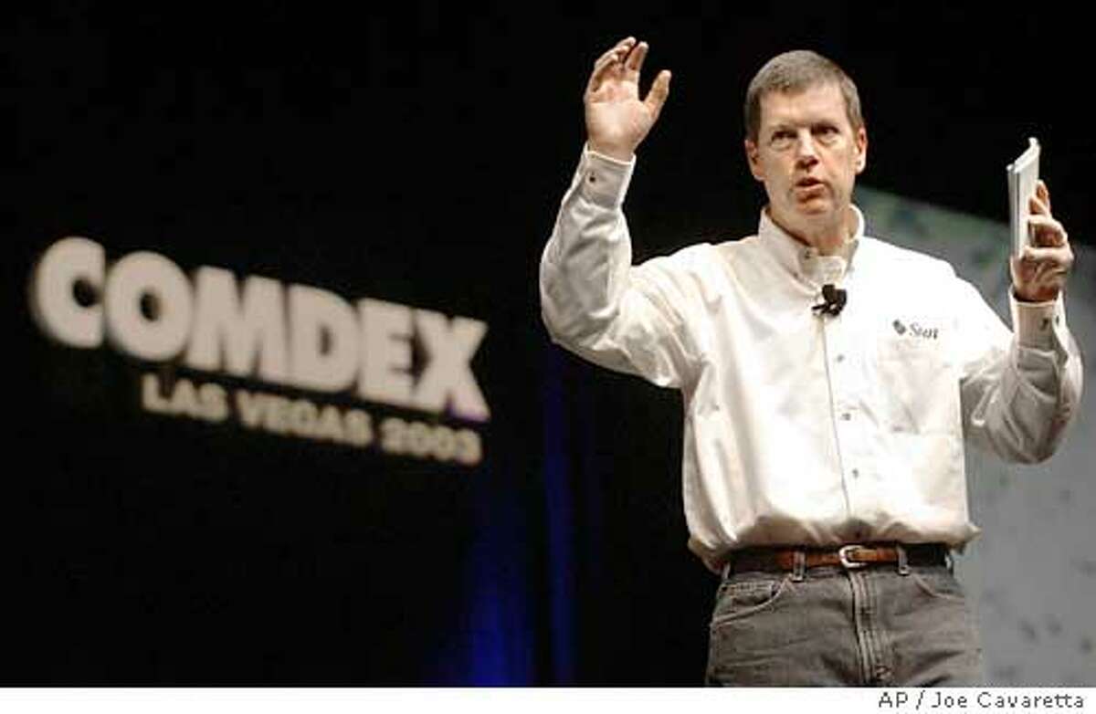 Scott McNealy, Chairman of Sun Microsystems speaks during a keynote address Monday Nov. 17, 2003 at the computer trade show. McNealy announced a technical agreement with Advanced Micro Devices.(AP Photo/Joe Cavaretta)