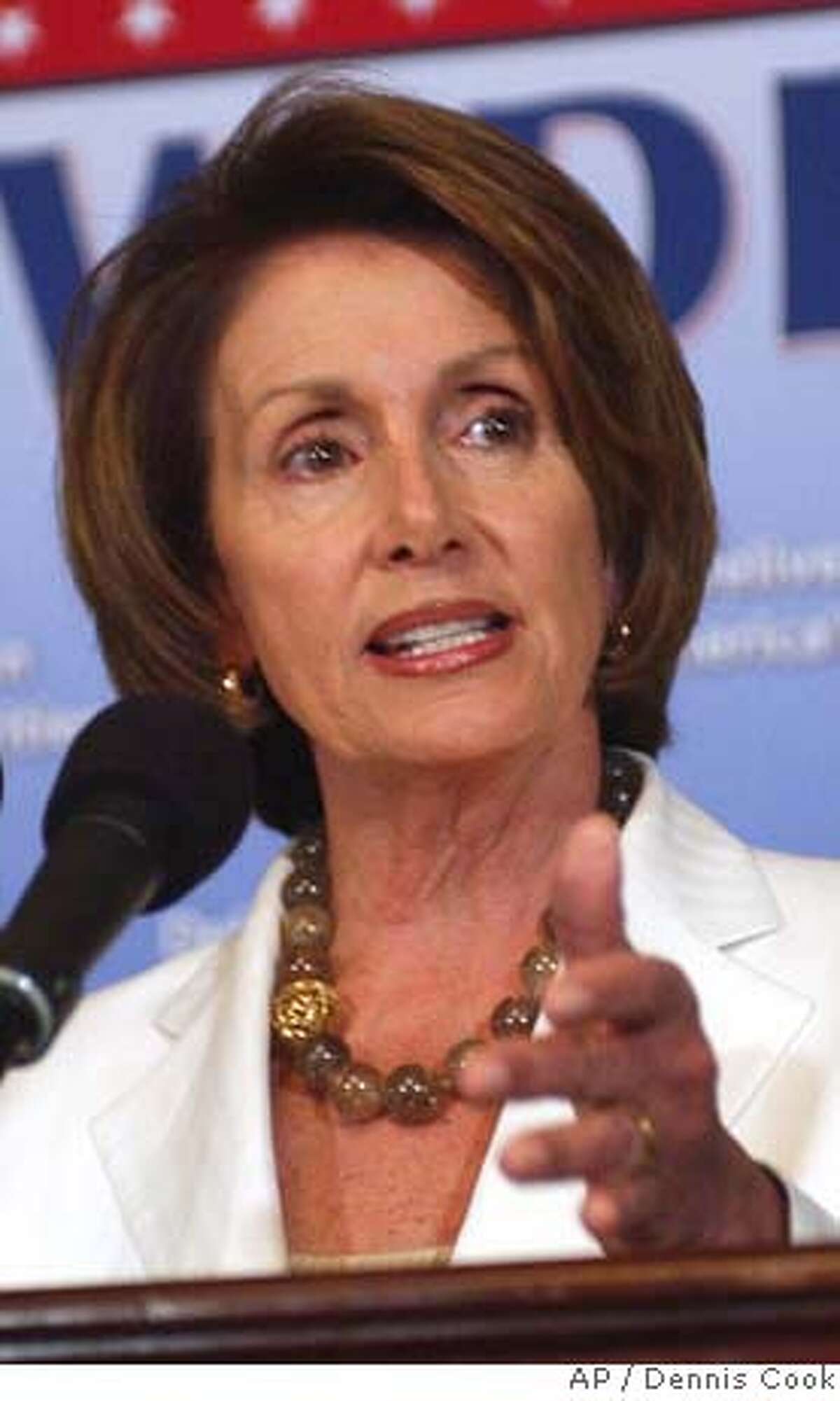 House Speaker Nancy Pelosi of Calif., gestures during a news conference on Capitol Hill in Washington, Friday, Aug. 3, 2007. (AP Photo/Dennis Cook)