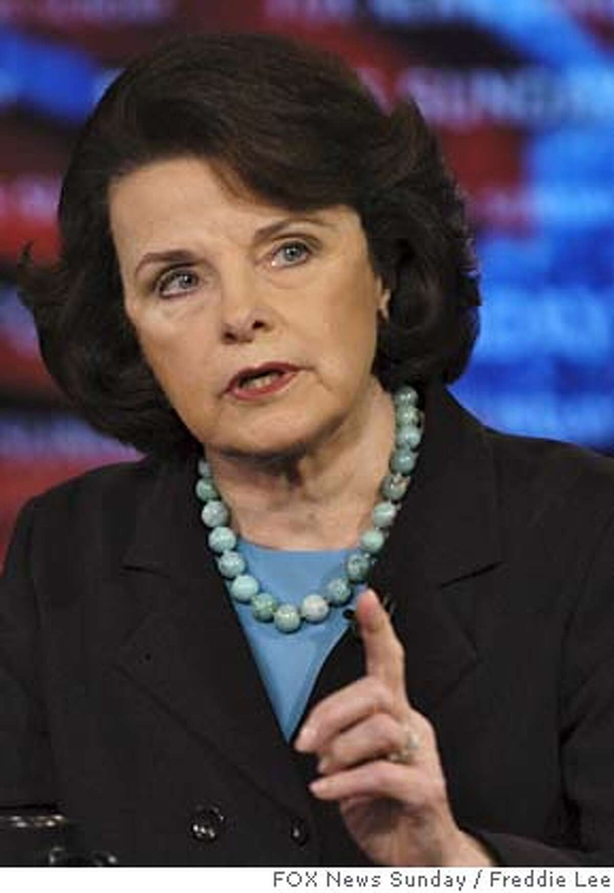 In this photo provided by FOX News, Sen. Dianne Feinstein, D-Calif., appears on "Fox News Sunday" in Washington, Sunday, March 25, 2007. (AP Photo/FOX News Sunday, Freddie Lee) MANDATORY CREDIT: FREDDIE LEE, FOX NEWS SUNDAY Ran on: 03-26-2007 Ran on: 03-26-2007 Sen. Dianne Feinstein, left, says Attorney General Alberto Gon- zales has lost her confidence. Ran on: 03-26-2007 Ran on: 03-26-2007 Sen. Dianne Feinstein, left, says Attorney General Alberto Gon- zales has lost her confidence. Ran on: 05-18-2007 Democratic senators Dianne Feinstein, left, and Chuck Schumer said they would offer a no-confidence resolution as early as next week. Ran on: 08-02-2007 Sen. Dianne Feinstein said of the plan by Westlands Water District: The devil is in the details. Ran on: 08-02-2007 MANDATORY CREDIT: FREDDIE LEE, FOX NEWS SUNDAY, NO SALES NO ARCHIVES