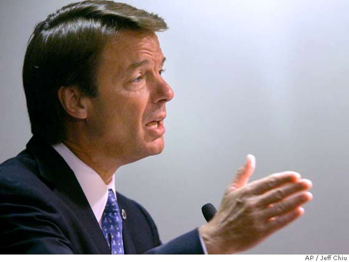 Democratic presidential hopeful and former Sen. John Edwards, D-N.C., speaks to members of the Silicon Valley Leadership Group on Wednesday, Aug. 1, 2007, in Santa Clara, Calif. (AP Photo/Jeff Chiu)