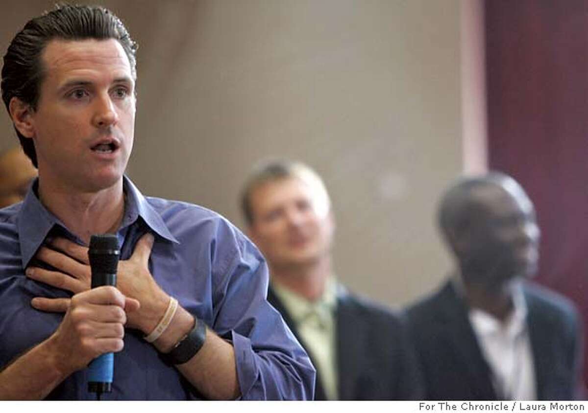 Newsom29_0141_LKM.jpg San Francisco Mayor Gavin Newsom speaks to a crowd of city residents during a town hall style meeting Saturday morning at Jefferson Elementary School in the Sunset District. The meeting addressed questions and concerns about issues associated with city parks and recreation. (Laura Morton/Special to the Chronicle) *** Gavin Newsom 43900