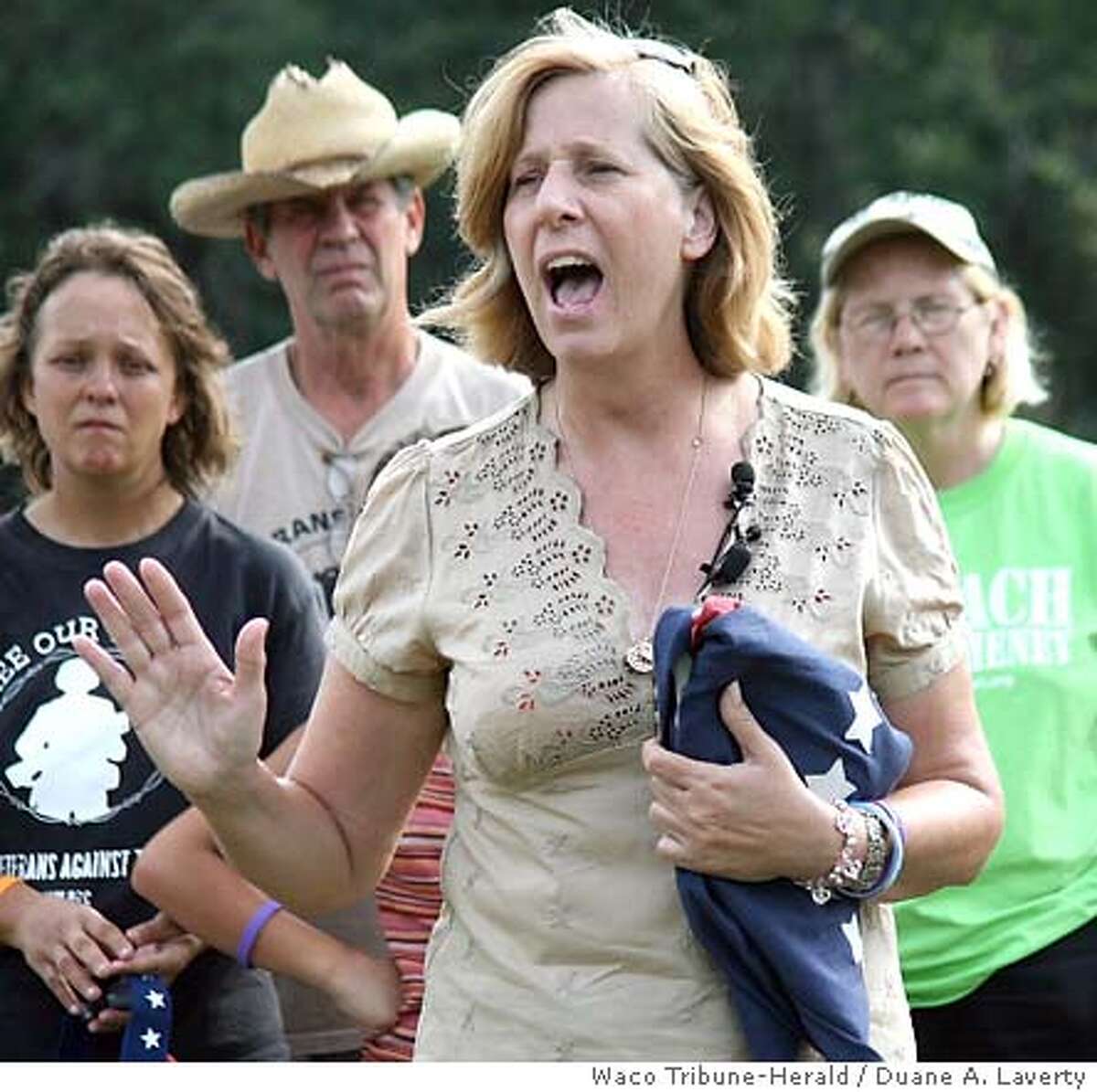 Cindy Sheehan says she'll run against Speaker of the House Nancy Pelosi if the San Francisco representative won't push to impeach the president. Waco Tribune-Herald photo by Duane A. Laverty