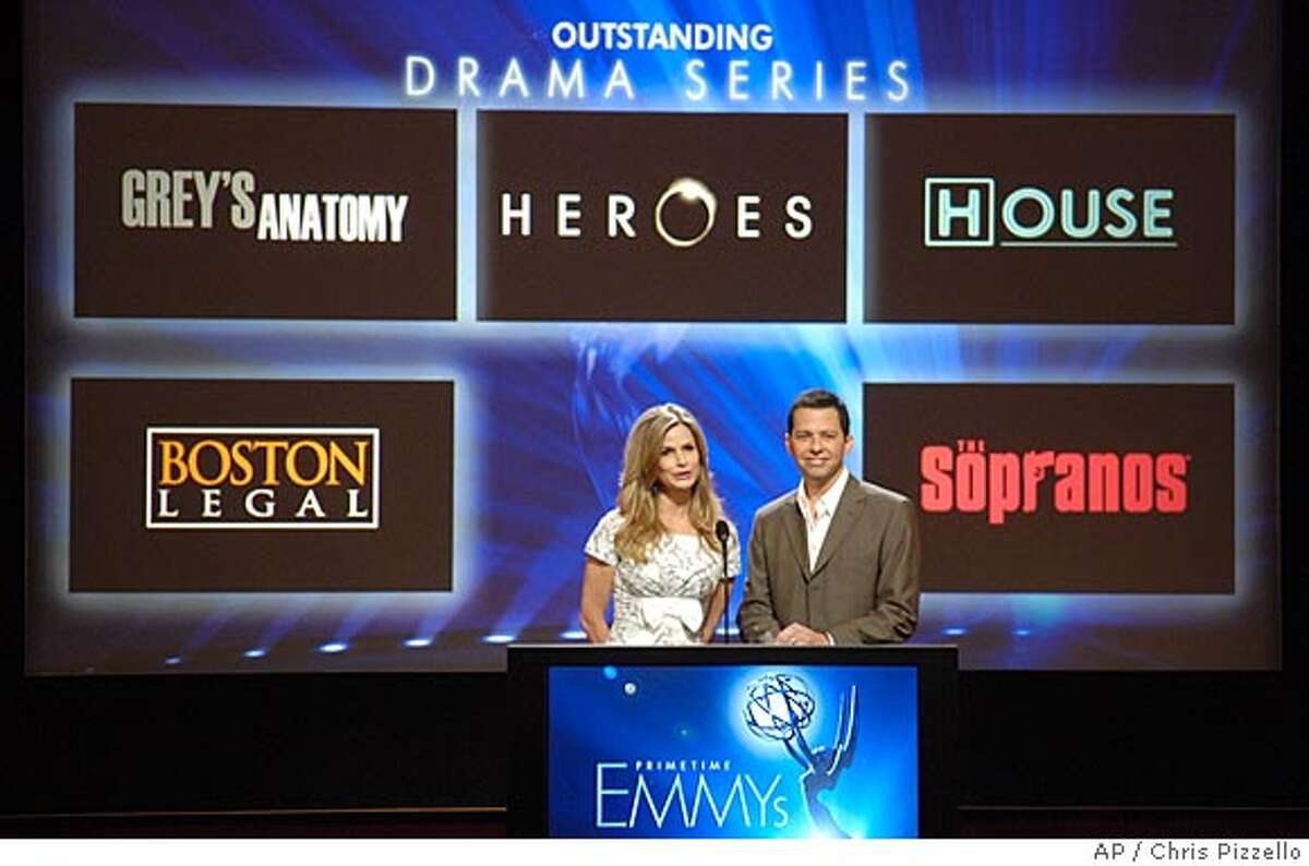 Actors Kyra Sedgwick, left, and Jon Cryer announce the nominees for Outstanding Drama Series for the 59th Annual Primetime Emmy Awards, in Los Angeles, Thursday, July 19, 2007. The Emmy Awards will be held on Sept. 16 at the Shrine Auditorium in Los Angeles. (AP Photo/Chris Pizzello)