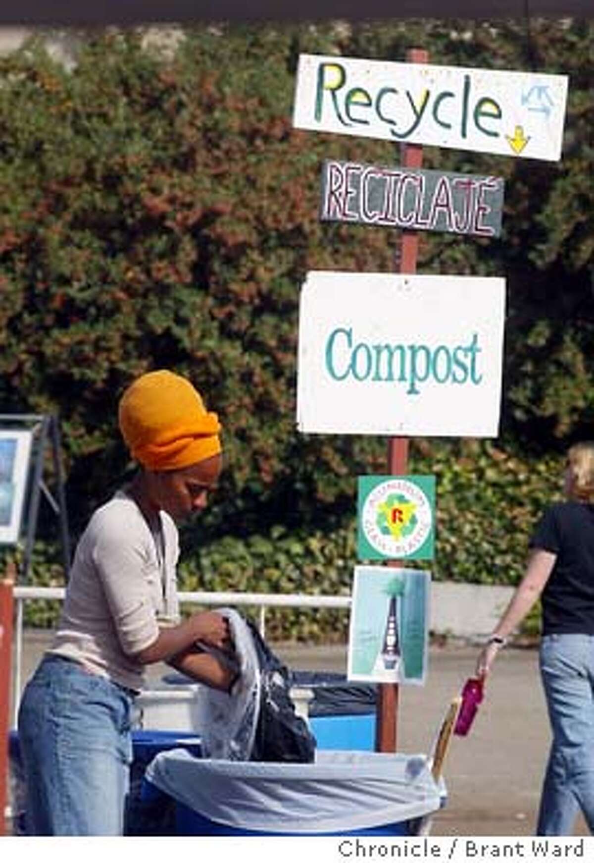 bioneers009_bw.jpg The Bioneers conference was held at the Marin County Civic Center over the weekend. These "biological pioneers" gather to discuss the link between humans and nature. Here Ratoya Pilgrim recycled her waste from her hotel in a number of carefully marked recycle bins scattered around the conference. BRANT WARD / The Chronicle MANDATORY CREDIT FOR PHOTOG AND SF CHRONICLE/ -MAGS OUT