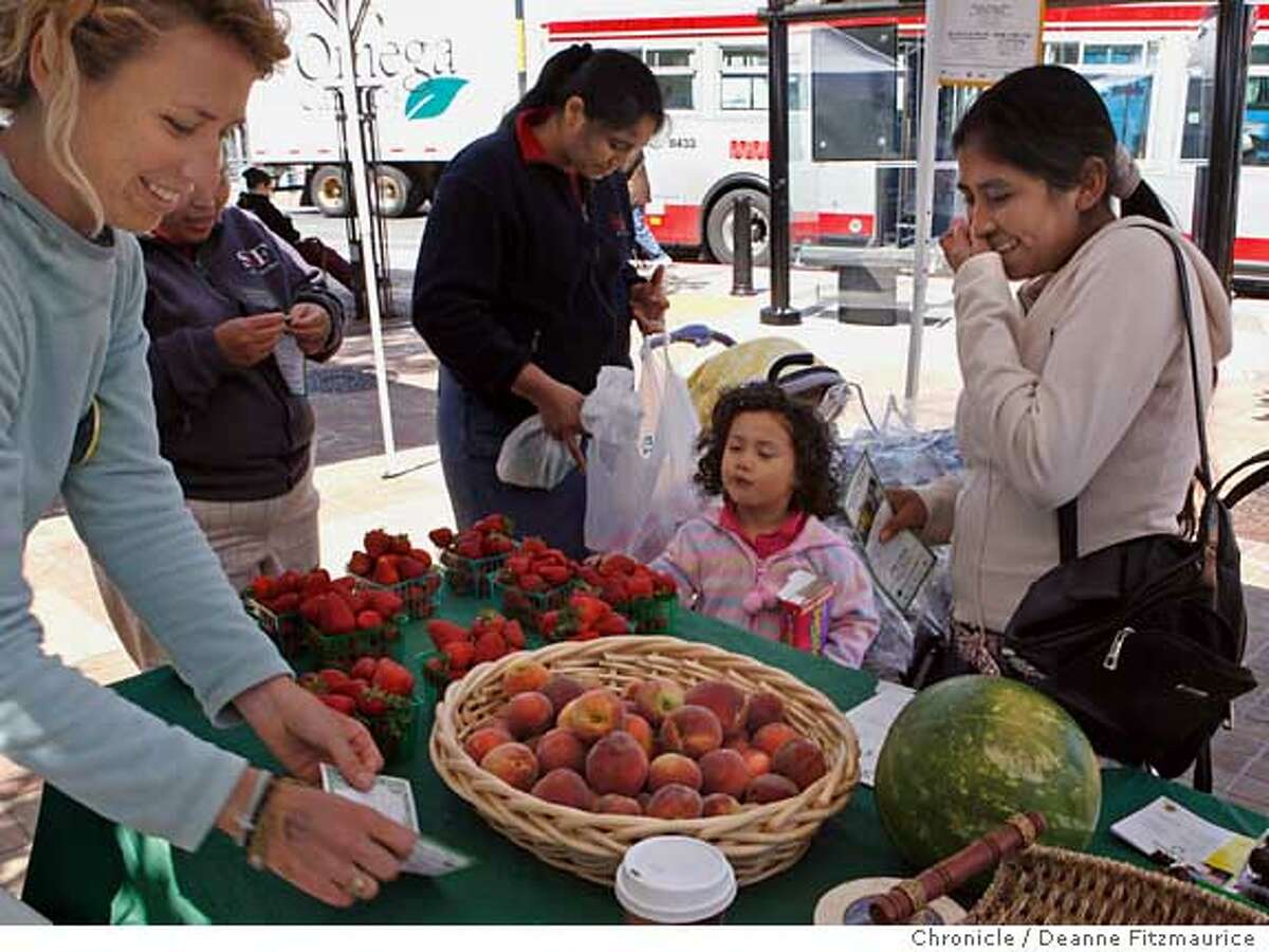 farmbill_bayview_0005_df.jpg At left, Kristina Feldman (cq) sells produce. The Bayview-Hunter's Point Farmers' Market is a small market along third Street. Photographed in San Francisco on 6/27/07. Deanne Fitzmaurice / The Chronicle Mandatory credit for photographer and San Francisco Chronicle. No Sales/Magazines out.