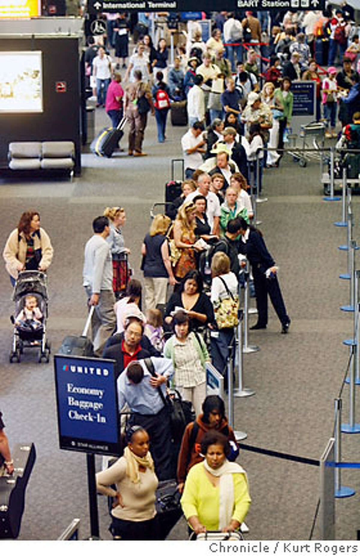 After a computer malfunction with United Airlines they stopped service nation wide. The problem was fixed but lines at San Francisco international Airport were long waiting for a United flight. WEDNESDAY, JUNE 20, 2007 KURT ROGERS SAN FRANCISCO SFC THE CHRONICLE