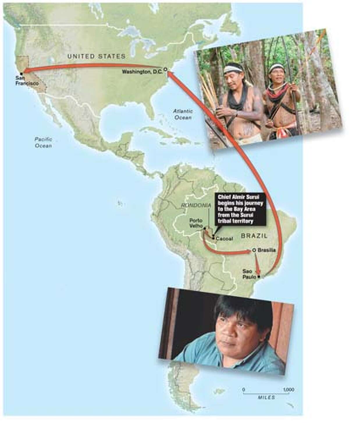 谷歌为亚马逊部落利用卫星电力:当巴西政府未能保护他的部落免受伐木者和矿工的侵害时，这位领导人找到了一个高科技盟友。纪事报的图形