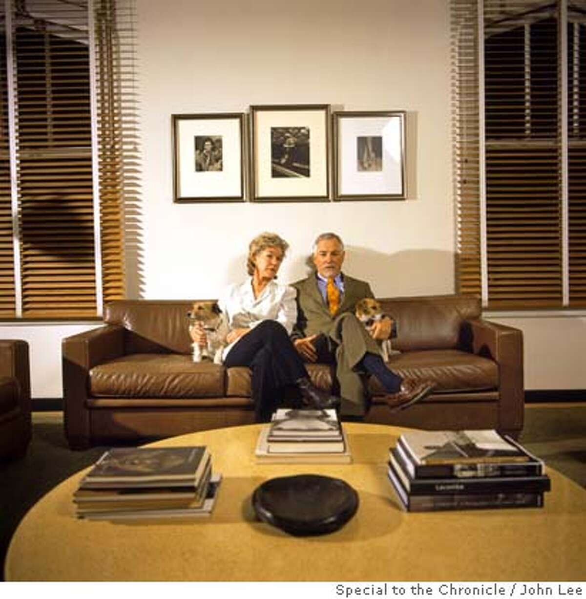 2500STEINER_BUELLS03JOHNLEE.JPG Susie Tompkins Buell, left, and he husband Mark Buell, sitting with their two dogs in the living room of their 12th floor penthouse condo at 2500 Steiner in San Francisco's Pacific Heights. For Sam Whiting story on 2500 Steiner. By JOHN LEE/SPECIAL TO THE CHRONICLE