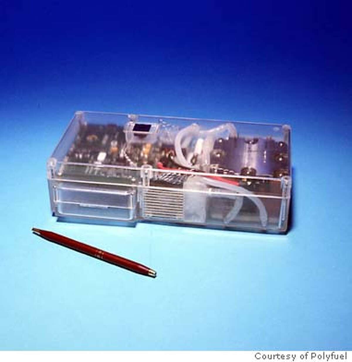 For FUELCELL01, Business, Tong ; A working prototype of a direct methanol fuel cell system that PolyFuel developed for a laptop computer. Photo courtesy of PolyFuel ; on 8/11/03 in . / Courtesy of Polyfuel