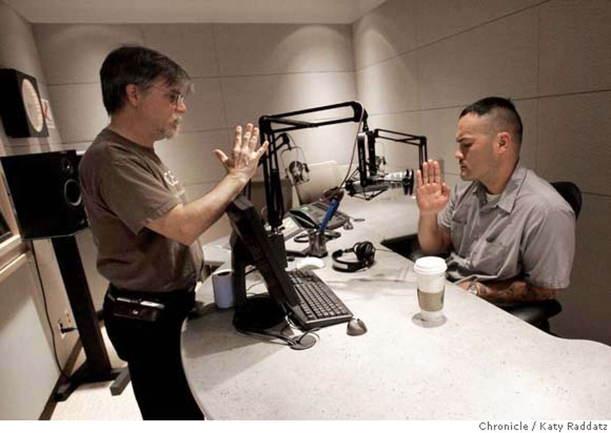.jpg SHOWN: R: Colby Buzzell in the studio of KQED Radio, where he about to tape "Face the Nation." LEFT: Engineer Howard Gelman. Colby Buzzell started an online journal while he was serving in Iraq; now re's a second-time recipient of the Blooker Prize and has a book out called "My War: Killing Time in Iraq." These pictures were made in San Francisco CA. on Wednesday, May 16, 2007. (Katy Raddatz/The Chronicle) **Colby Buzzell, Howard Gelman Mandatory credit for the photographer and the San Francisco Chronicle. No sales; mags out.