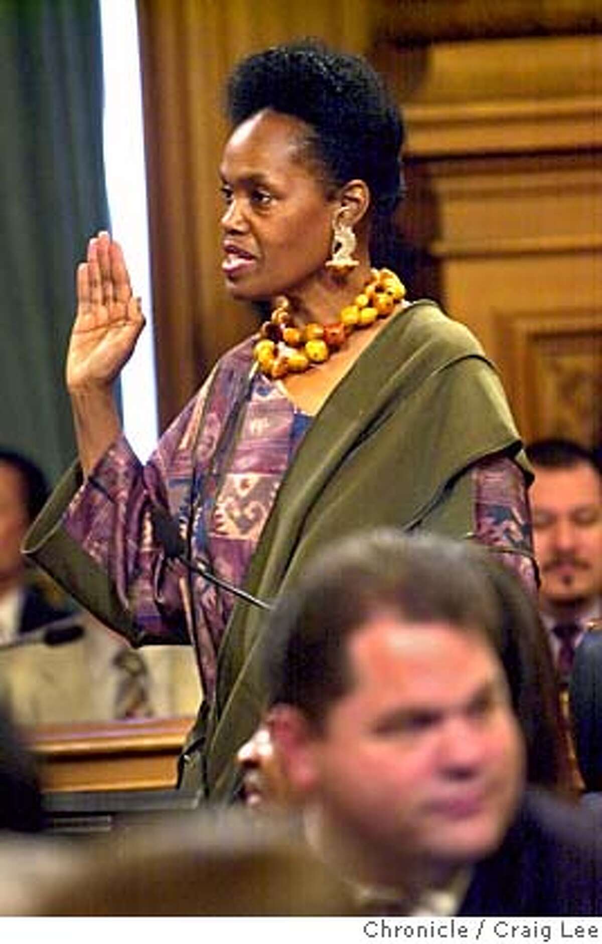 Two new members and three incumbents of San Francisco Board of Supervisors being sworn into office. Photo of Sophie Maxwell being sworn in. Photo by Craig Lee/San Francisco Chronicle