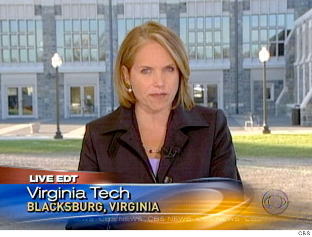 � (NYT52) UNDATED -- April 18, 2007 -- VA-TECH-TV-4 -- CBS�s Katie Couric, who reported from the campus of Virginia Tech on Monday, the day of the shootings. When it comes to an anchor�s presence at a major breaking story, less can be more. (ABC via The New York Times) EDITORIAL USE ONLY - MAGS OUT/NO SALES - FOR USE ONLY WITH STORY SLUGGED: VA-TECH-TV BY ALESSANDRA STANLEY - ALL OTHER USE PROHIBITED EDITORIAL USE ONLY - MAGS OUT/NO SALES - FOR USE ONLY WITH STORY SLUGGED: VA-TECH-TV BY ALESSANDRA STANLEY - ALL OTHER USE PROHIBITED