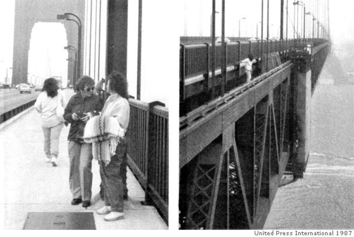 Unindentified woman walks past tourists Allene Hudgens, Ogden, Utah (left) and Charlene Sparrow (right), as they had their picture taken on the Golden Gate Bridge May 11, 1987. Having passed the tourists, the unidentified woamn climbed over bridge railing stepping off to her death.
