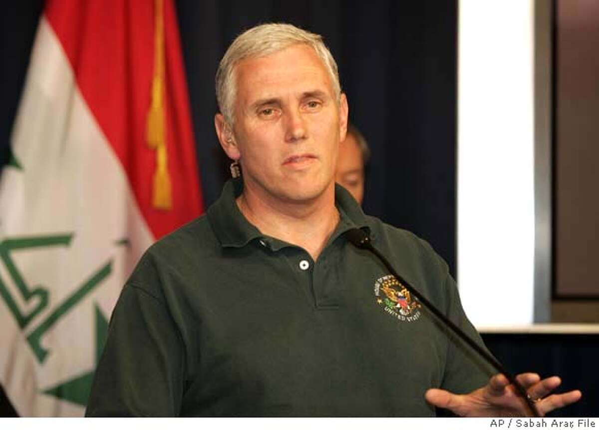 US Republican Representative from Indiana Mike Pence,speaks during a press conference at the heavily fortified Green Zone in Baghdad, Sunday, April 1, 2007. A Republican congressional delegation led by Sen. John McCain on Sunday blasted Democratic efforts to impose a deadline for withdrawal of U.S. troops from Iraq, and McCain charged that the American people were not getting a "full picture" of progress in the security crackdown in the capital. (AP Photo/Sabah Arar, Pool) POOL