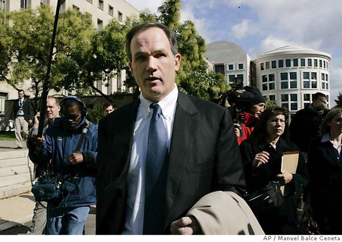 Special Counsel Patrick Fitzgerald, leaves the federal courthouse Wednesday, Oct. 26, 2005, in Washington. Fitzgerald met Wednesday with the grand jury investigating the leak of a CIA officer's identity, putting the finishing touches on a two-year criminal probe that has ensnared two senior White House aides. (AP Photo/Manuel Balce Ceneta)