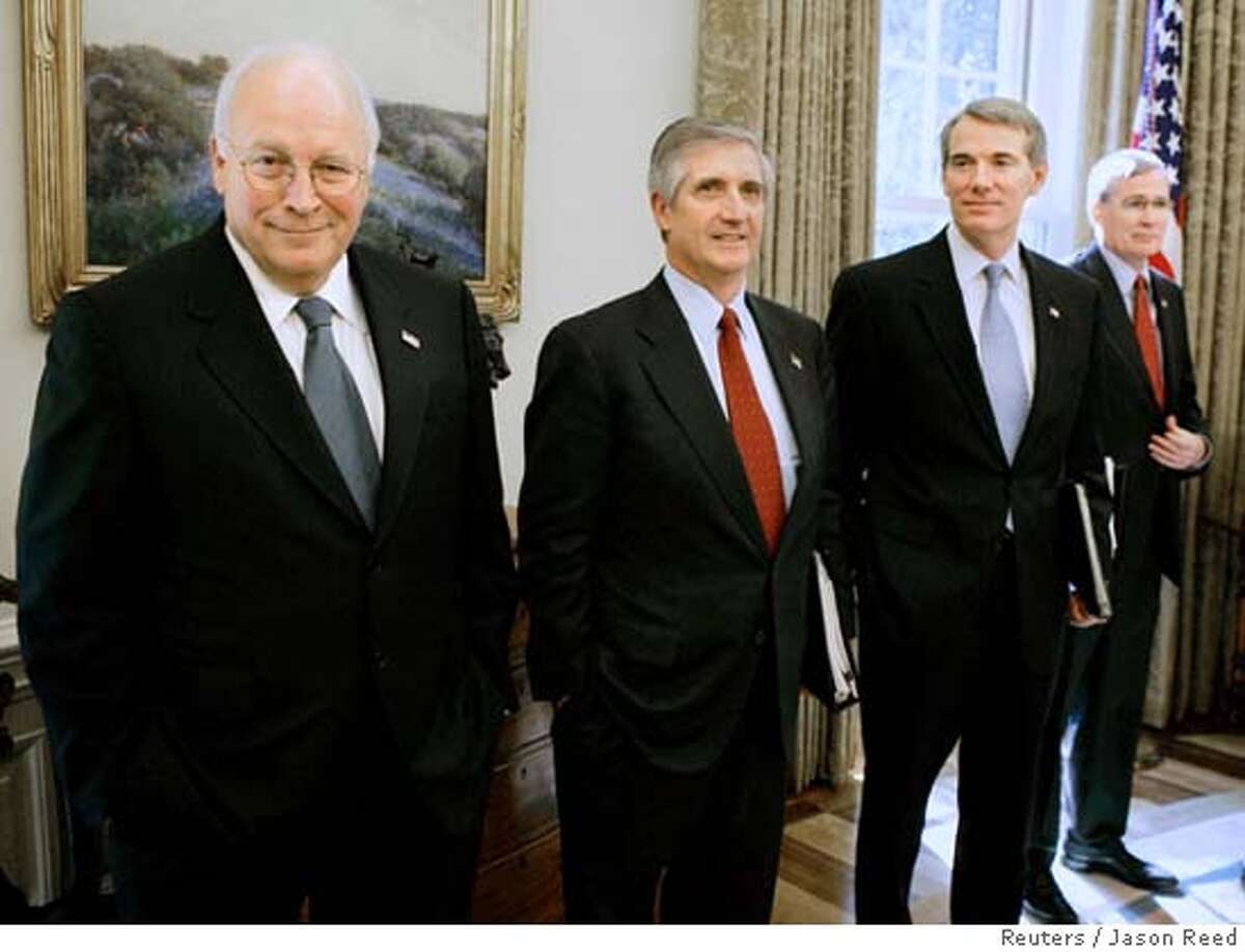 U.S. Vice President Dick Cheney, White House Chief of Staff Andrew Card, US trade representative Robert Portman and National Security Advisor Stephen Hadley (L-R) stand in the Oval Office of the White House in Washington, DC, October 18, 2005. President George W. Bush had met with President of the European Commission Jose Manuel Barroso in the Oval Office to discuss talks on world trade and advancing democracy in the Middle East. REUTERS/Jason Reed 0